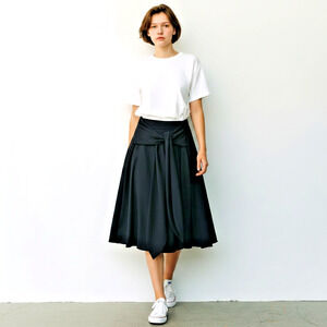 Michelle DeCourcy Navy Tie Front Skirt Small Solid Blue Midi A Line Designer